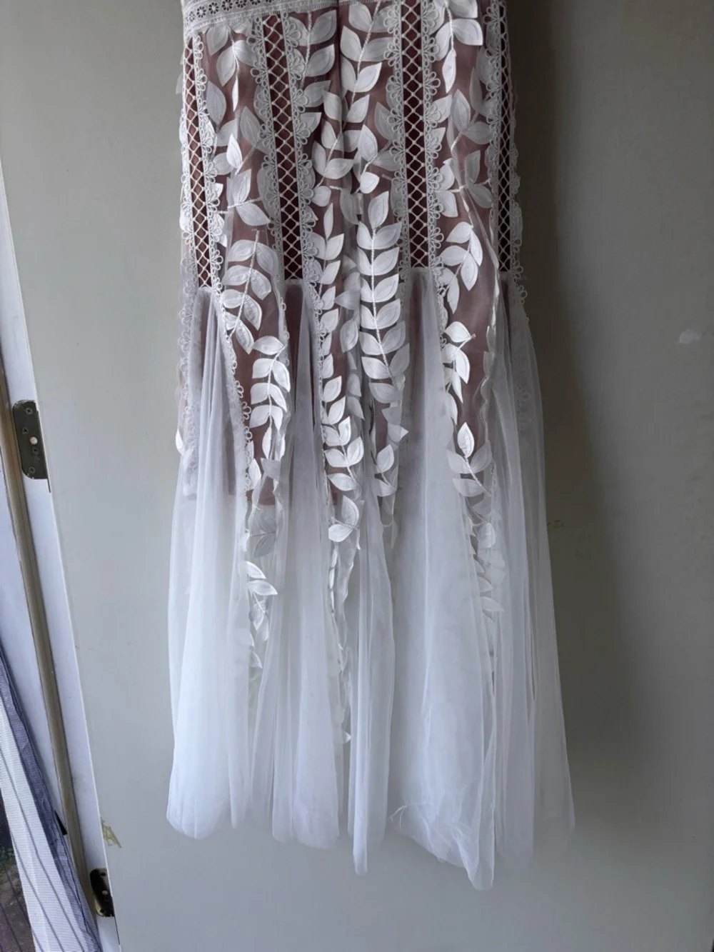 Bronx and Banco White Lace Appliqué Maxi Gown with Nude Lining - Picture 5 of 12